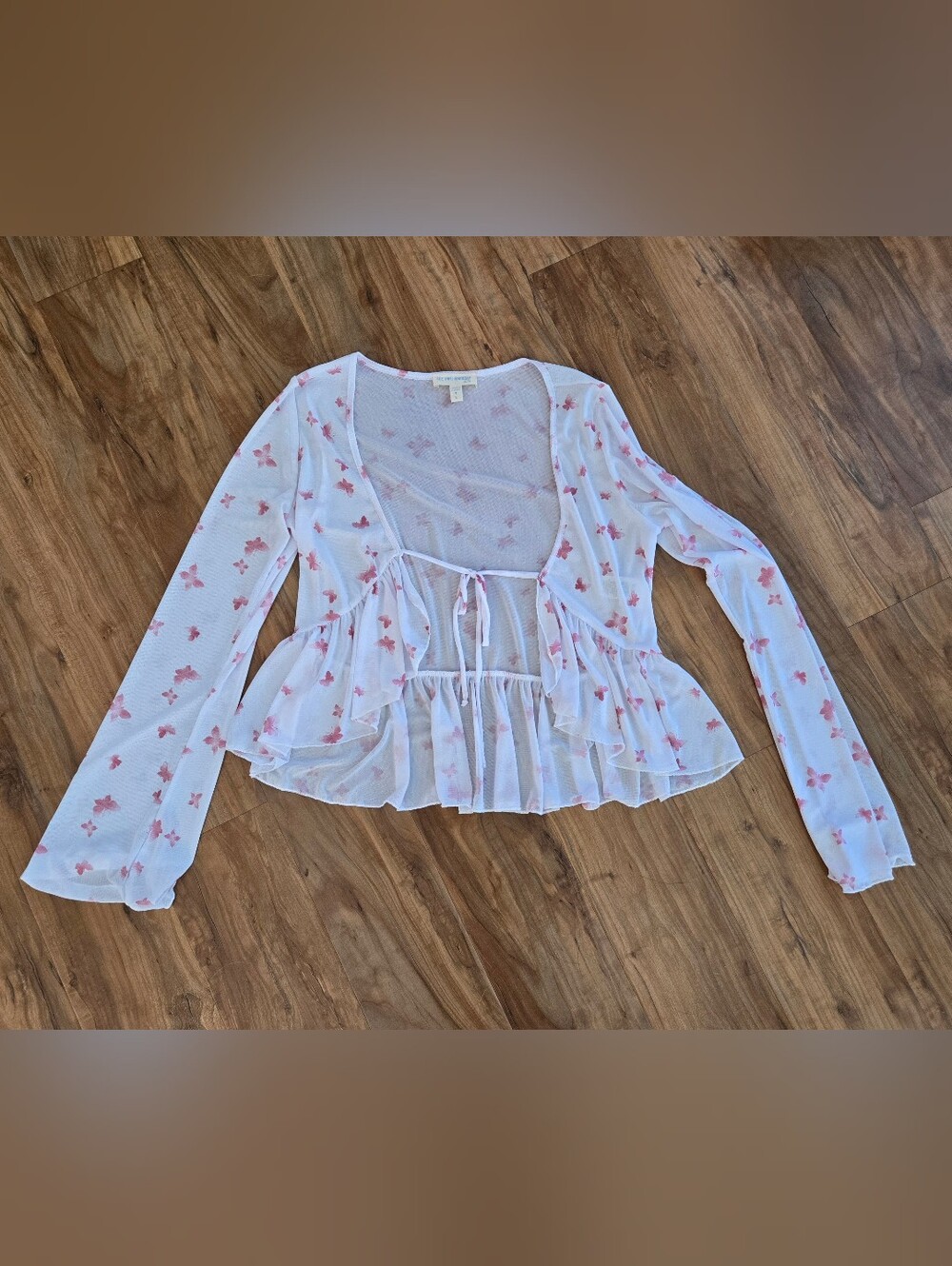Super Soft Butterfly Sheer White Ruffle Tie-Front Top